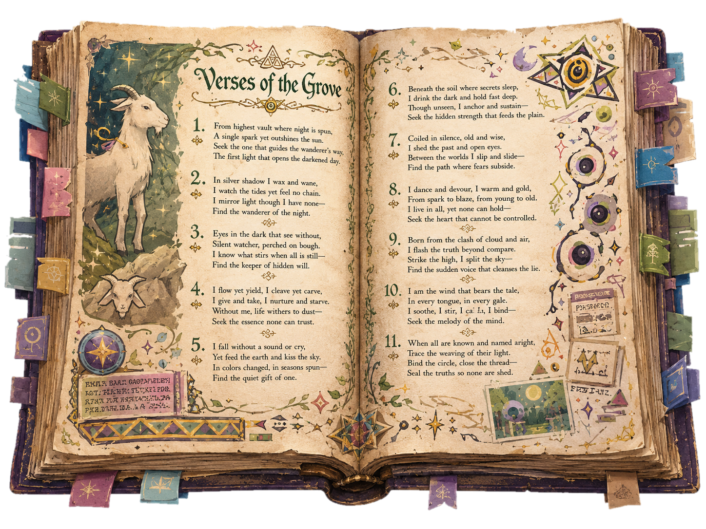 Open grimoire containing grove verses in riddle form